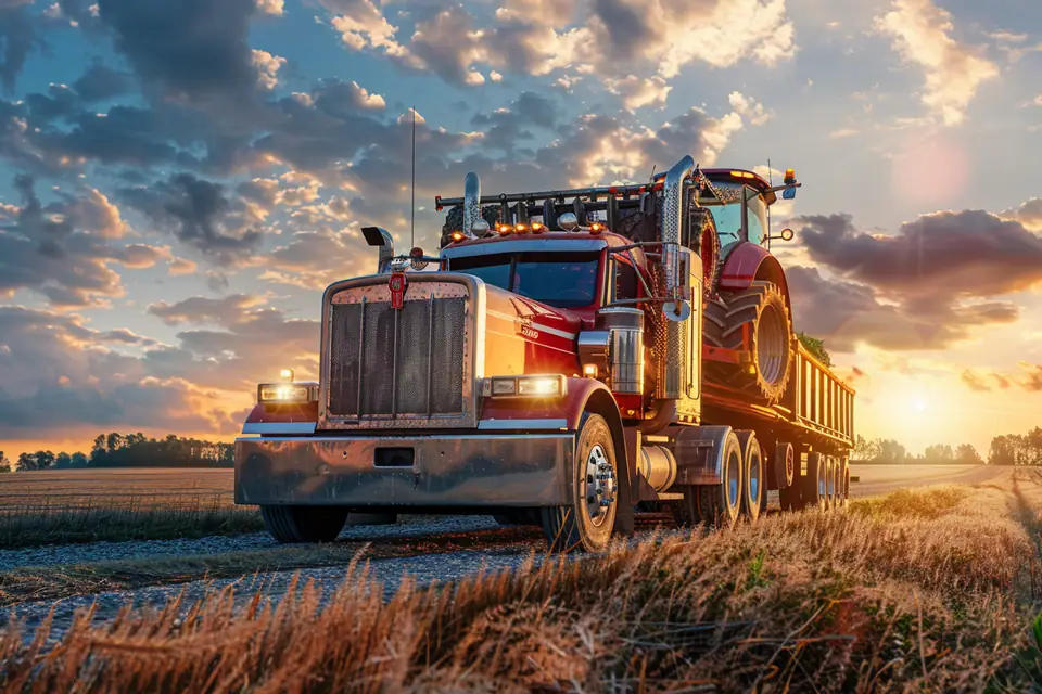 Camion porte-engins tirant une remorque avec un tracteur agricole sur une route de campagne
