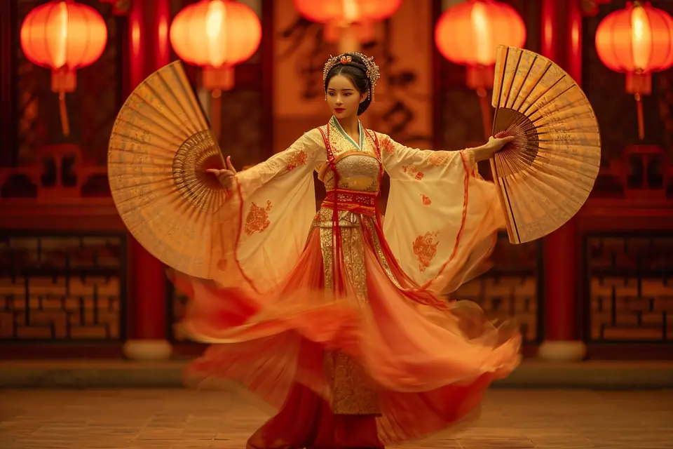 Danseuses en costumes traditionnels exécutant une chorégraphie collective sur une scène éclairée