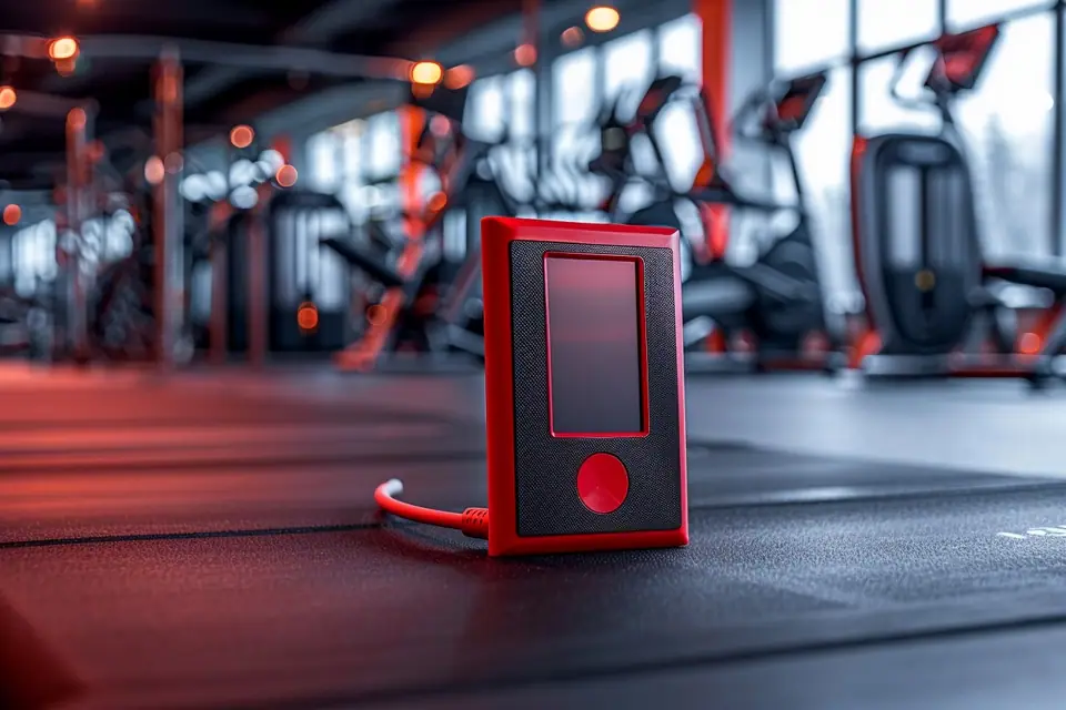 Lecteur audio compact et écouteurs de sport posés près d’une serviette de piscine