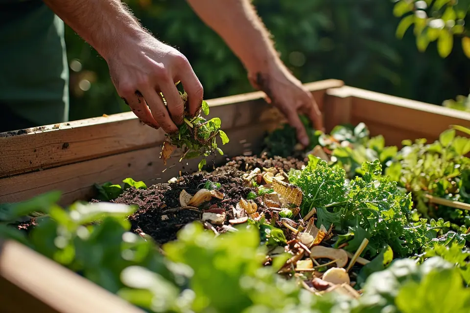 Composteur en bois ouvert dans un jardin avec feuilles mortes et épluchures végétales