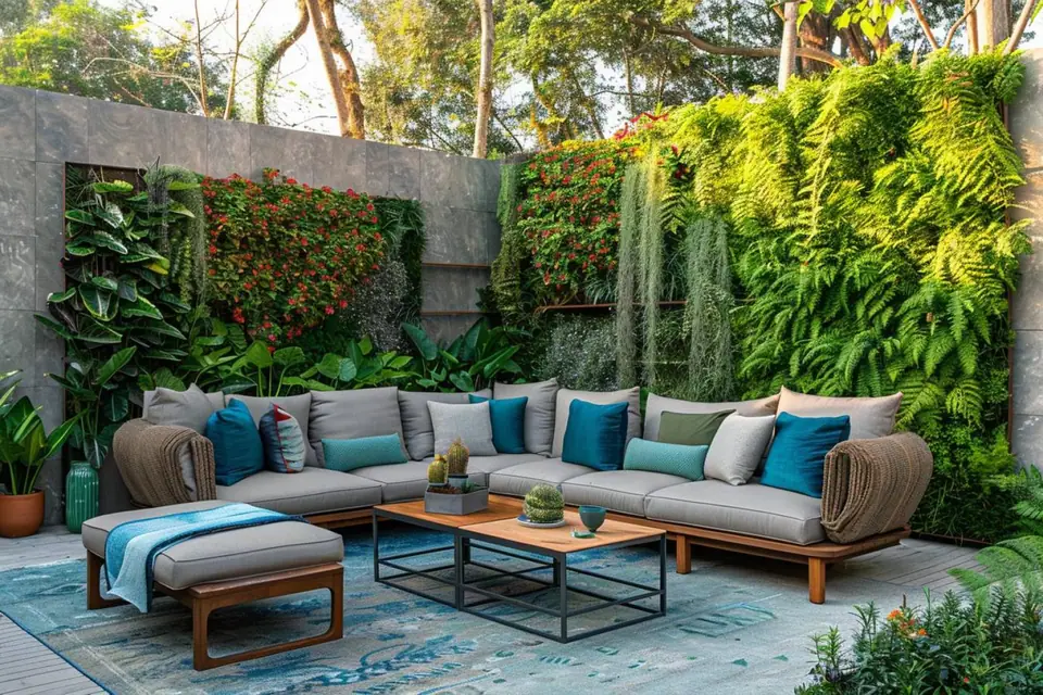 Terrasse urbaine aménagée avec banquette basse, plantes en pots, tapis extérieur et guirlande lumineuse