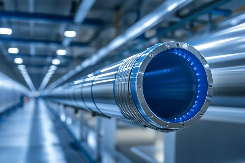 Tube radiant suspendu au plafond d’un tunnel de lavage automobile humide et éclairé