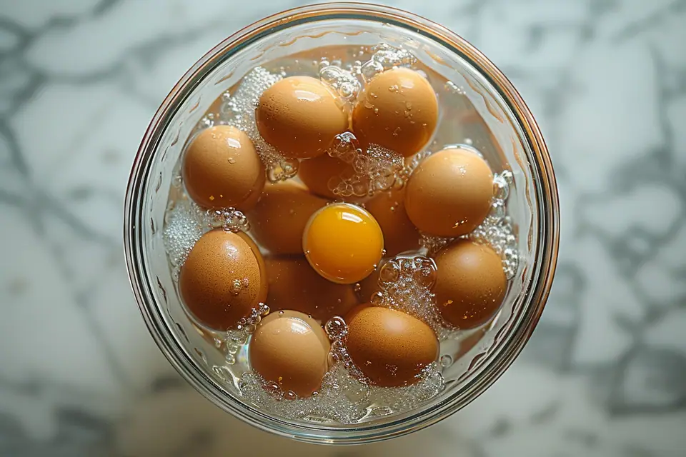 Œufs bruns dans leur boîte en carton, avec un verre d’eau sur un plan de cuisine