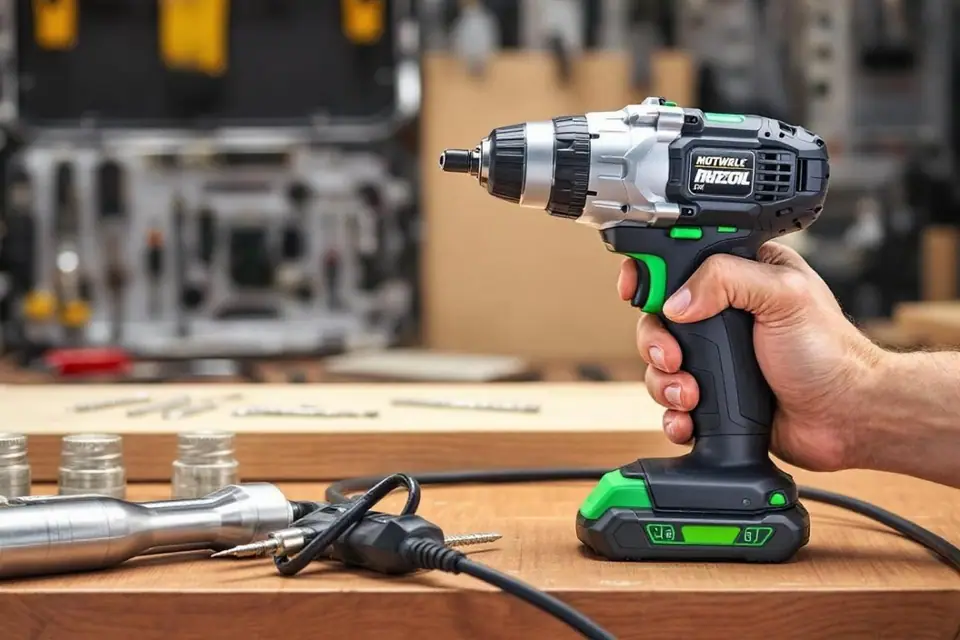 Visseuse sans fil, batterie et embouts posés sur un établi en bois