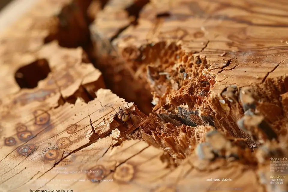 Gros plan sur des trous ovales et de la sciure sur un meuble en bois