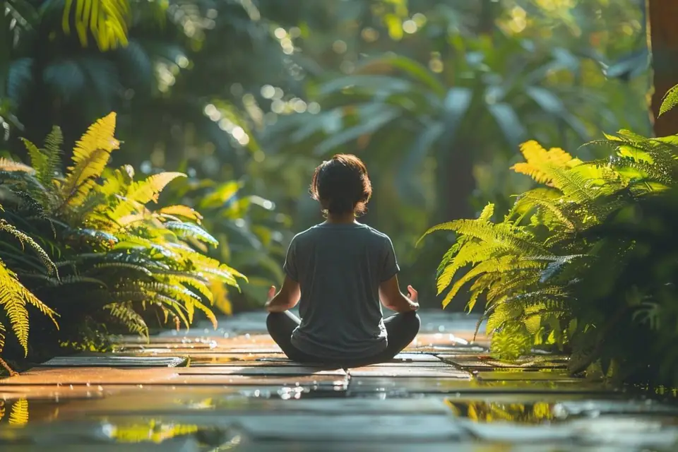 Personne assise confortablement, yeux fermés, pendant un exercice guidé de respiration calme